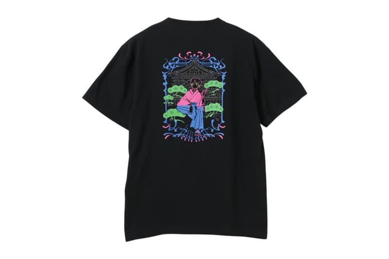 T-shirt noir avec illustration colorée au dos représentant une scène asiatique.