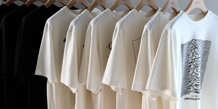 Des t-shirts noirs et blancs accrochés sur des cintres.