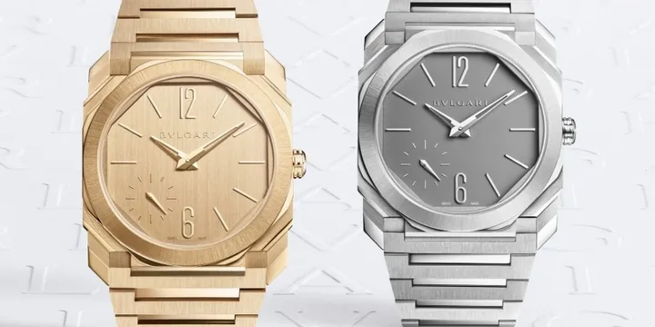 Deux montres Bulgari en or et argent sur fond blanc