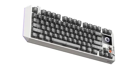 Clavier mécanique avec touches transparentes et cadran sur le côté droit.