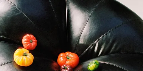 Cinq tomates sur un fauteuil en cuir noir.