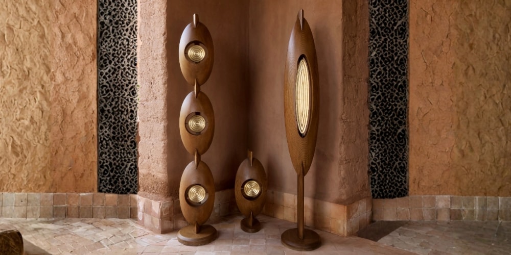 Quatre lampes sculpturales en bois dans un intérieur rustique.