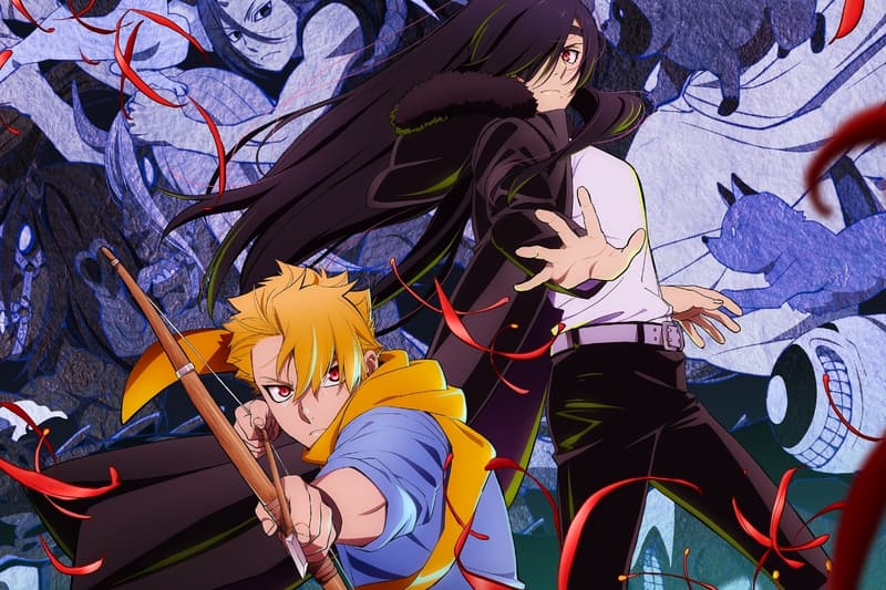 Deux personnages d'anime en pose dynamique avec fond sombre et elements rouges.