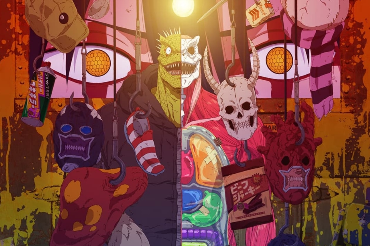 Art numérique psychédélique avec des masques et des créatures.