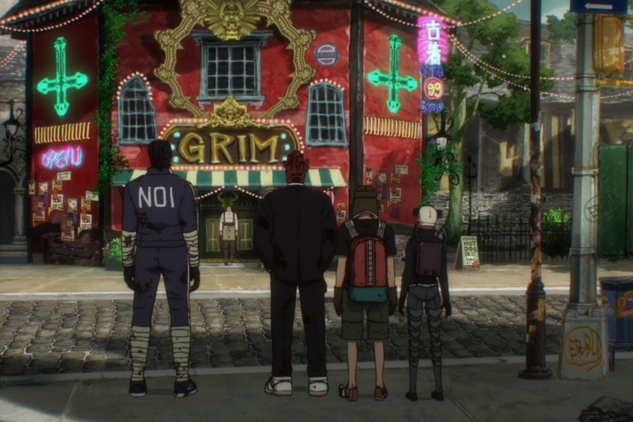 Quatre personnages debout devant un bâtiment coloré nommé 'GRIM'.