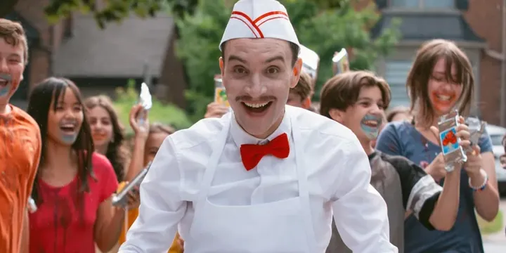 Homme avec moustache, chapeau de serveur, suivi par des enfants joyeux.