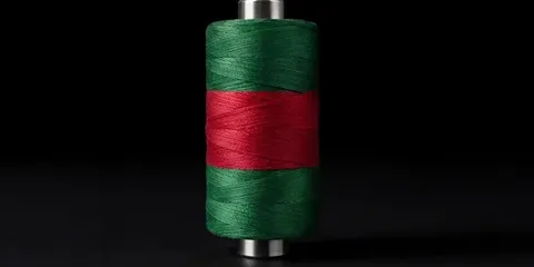 Bobine de fil vert et rouge sur fond noir.
