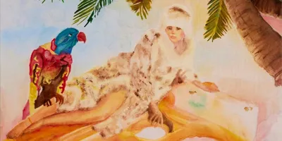 Tableau coloré avec un perroquet et une femme sous un palmier.