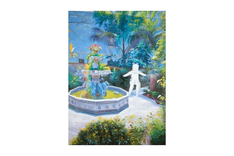 Figure blanche et fontaine dans un jardin tropical surréaliste.