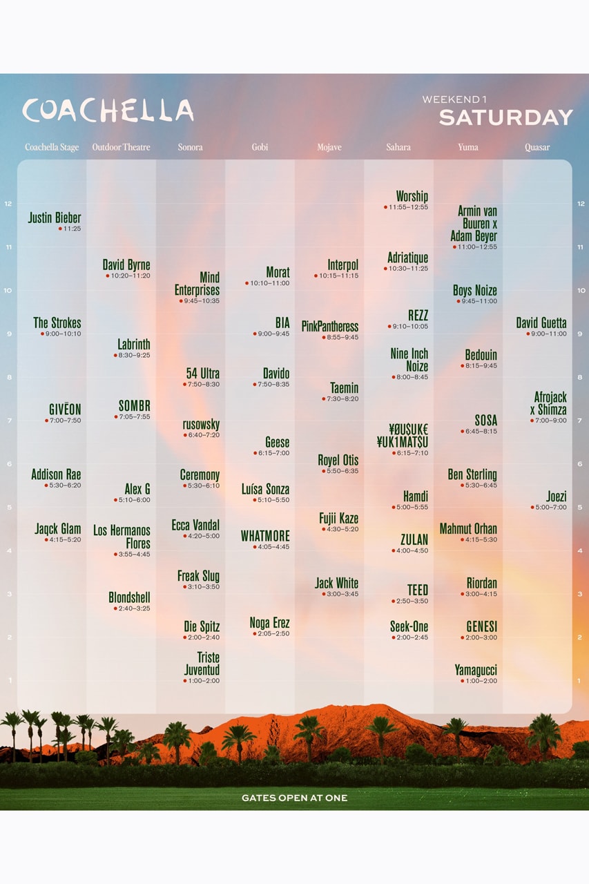 Affiche du festival Coachella avec liste d'artistes pour samedi, scène par scène.