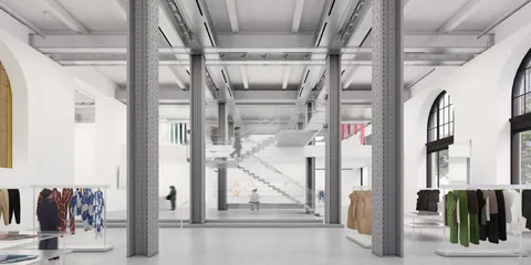 Intérieur moderne avec piliers, vêtements sur présentoirs.