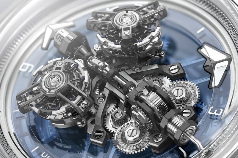 Mécanisme complexe d'une montre design avec engrenages visibles.