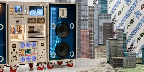 Installation artistique avec appareils électroniques et décor urbain en arrière-plan.