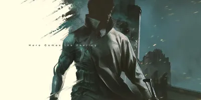 Homme en manteau, fond sombre, texte 'Here Comes the Feeling'