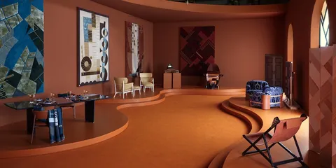 Intérieur coloré avec décoration géométrique et mobilier moderne.