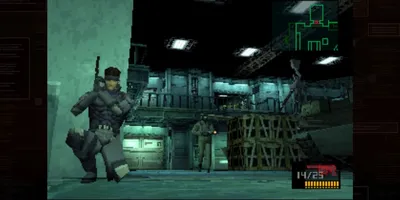 Scène de jeu vidéo avec personnage en tenue militaire dans un bâtiment industriel.