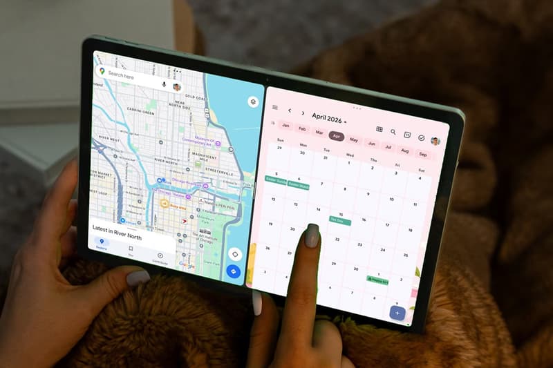 Tablette avec carte et calendrier à écran partagé, avril 2026 affiché.