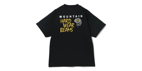 T-shirt noir avec texte Mountain Hard Wear Beams en jaune et blanc au dos.