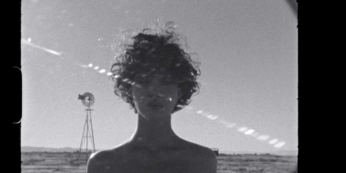 Personne aux cheveux bouclés devant un paysage désertique.