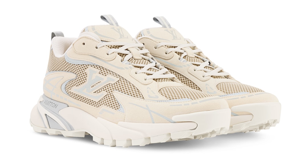 Baskets beiges avec logo LV, semelles épaisses, design moderne.