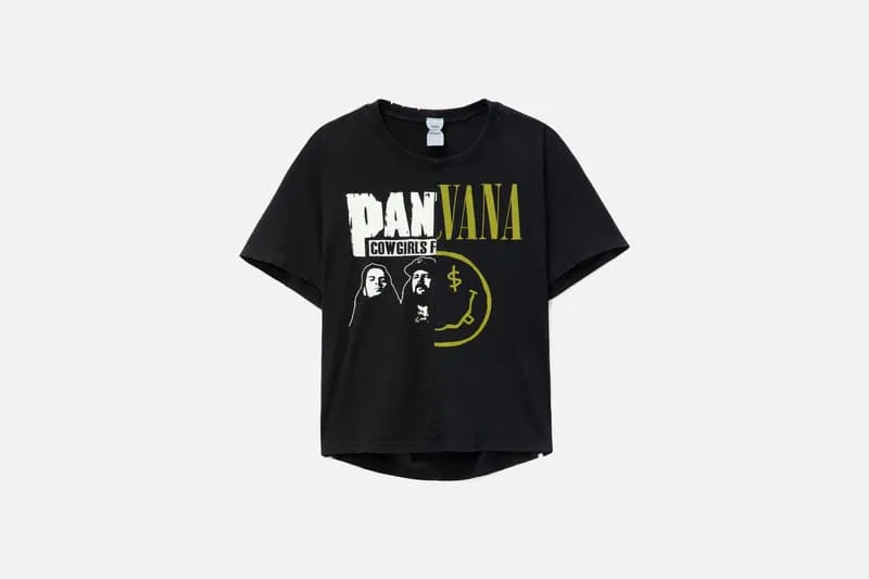 T-shirt noir avec motif graphique et texte 'PAN' et 'VANA'.