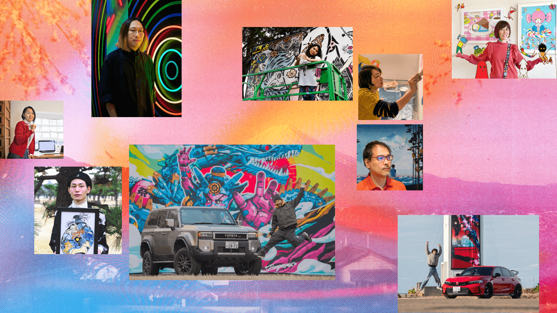 Collage d'artistes et graffitis colorés.