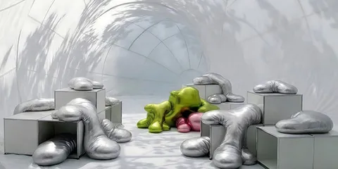 Sculptures organiques colorées dans une pièce blanche.