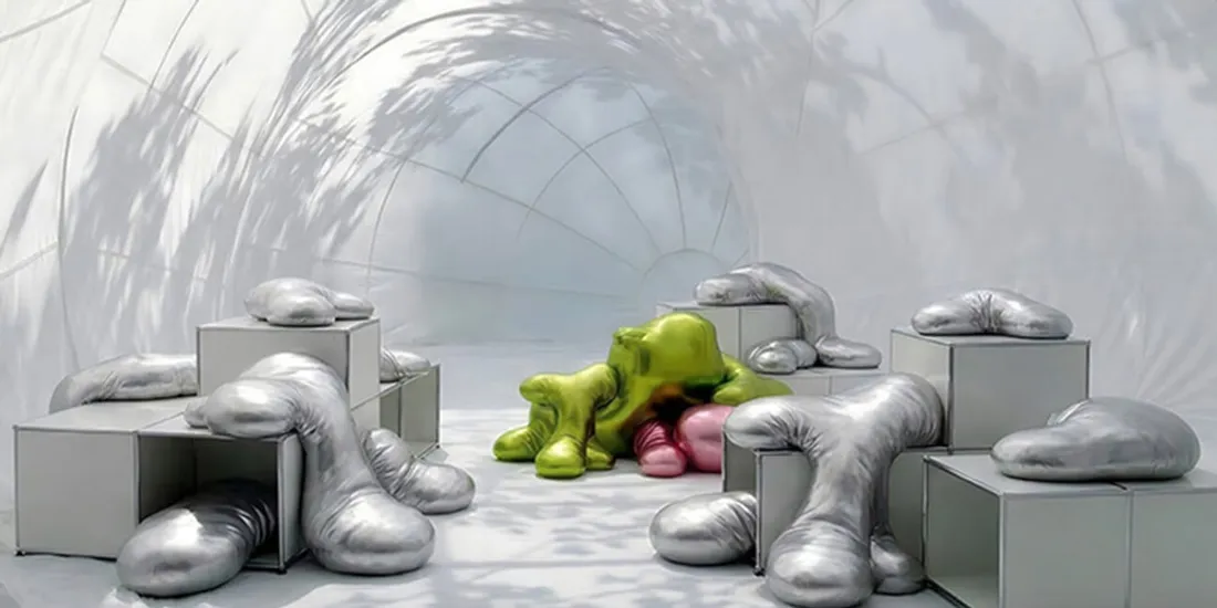 Sculptures organiques colorées dans une pièce blanche.