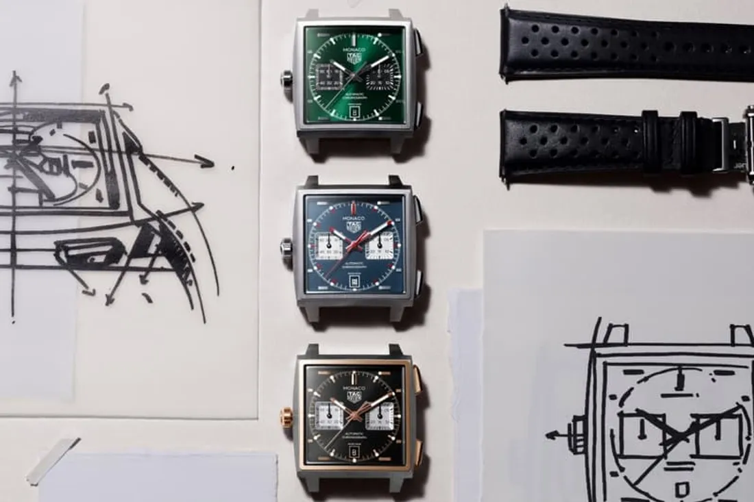 Trois montres carrées avec croquis et bracelet perforé à côté.