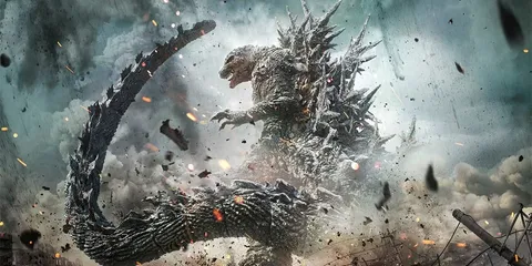 Monstre géant dans un paysage apocalyptique, avec des débris volants.