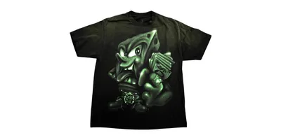 T-shirt noir avec dessin vert d'un dé anthropomorphique
