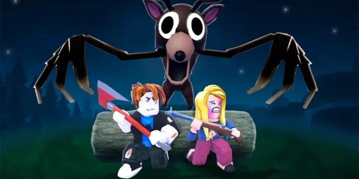 Deux personnages avec des outils devant une créature effrayante.