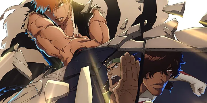 Illustration dynamique de personnages d'anime en action.