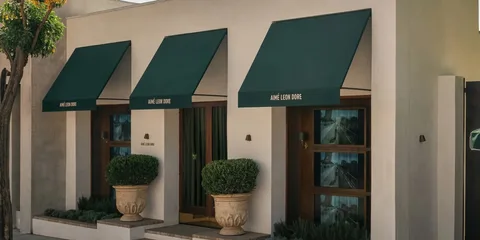 Façade d'une boutique avec auvents verts et plantes en pot devant.