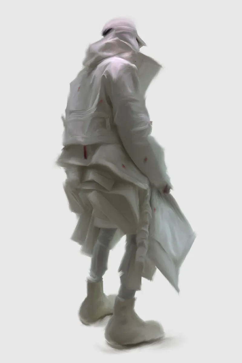 Personne en tenue blanche futuriste avec détails superposés.