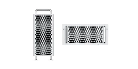 Ordinateur tour moderne avec design en grille métallique.
