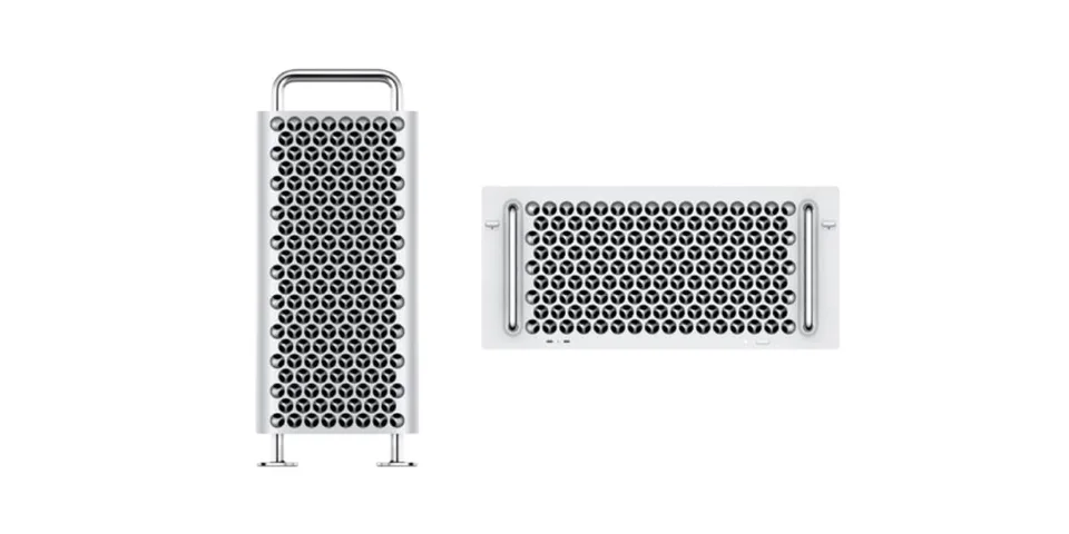 Ordinateur tour moderne avec design en grille métallique.