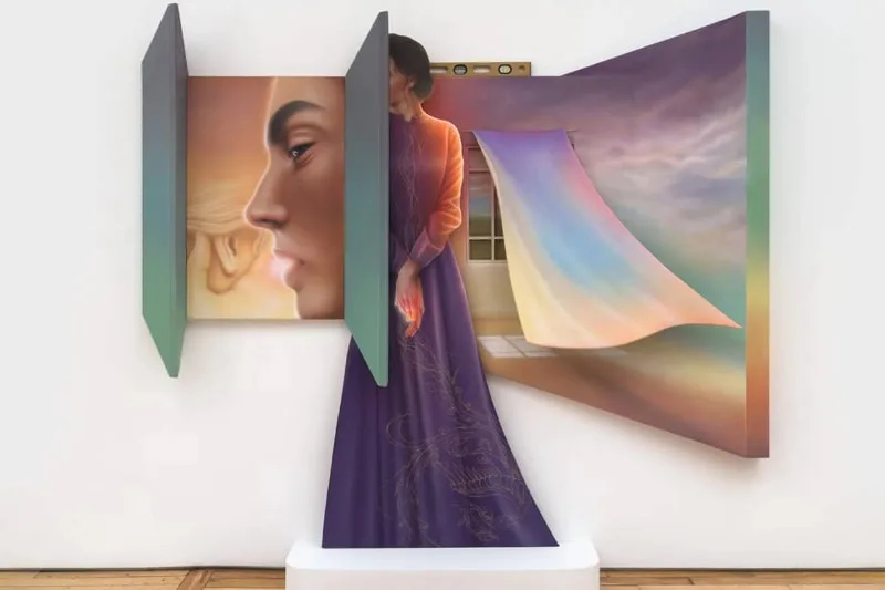 Peinture en trois parties avec une femme et un drap aux couleurs arc-en-ciel.