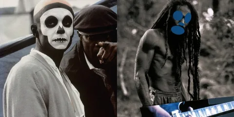 Deux hommes avec visage peint et dreadlocks, en noir et blanc.