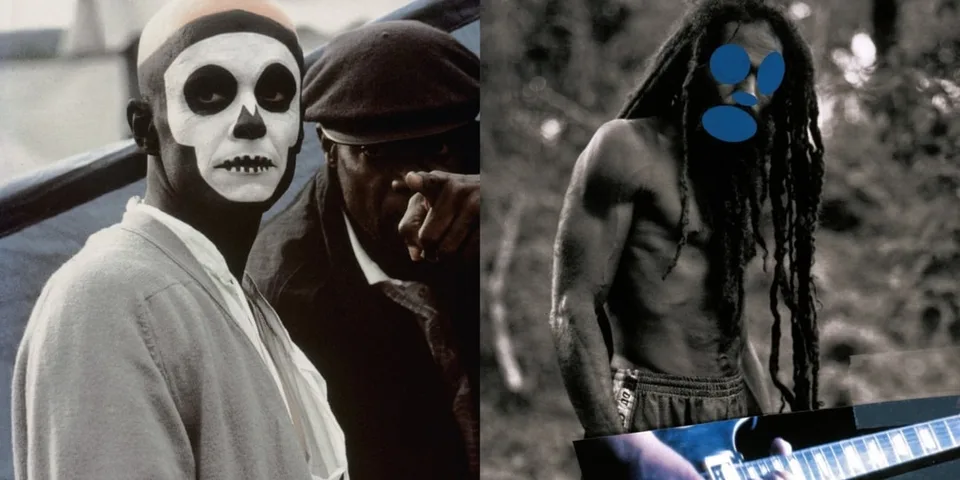 Deux hommes avec visage peint et dreadlocks, en noir et blanc.