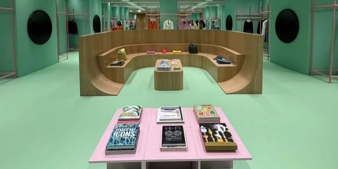 Magasin moderne avec présentoirs et livres sur la table centrale.
