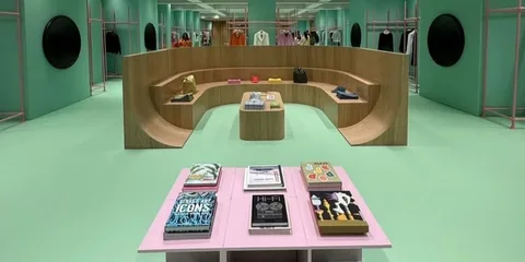 Magasin moderne avec présentoirs et livres sur la table centrale.