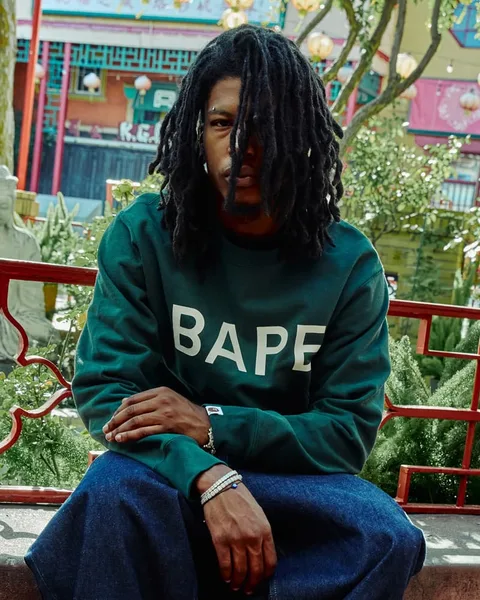 Homme avec sweat BAPE vert, cheveux locks, assis devant décor asiatique.