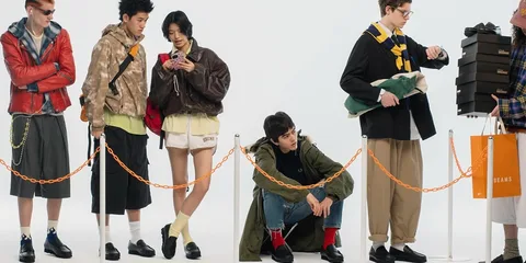 File d'attente de jeunes avec vêtements mode et accessoires.