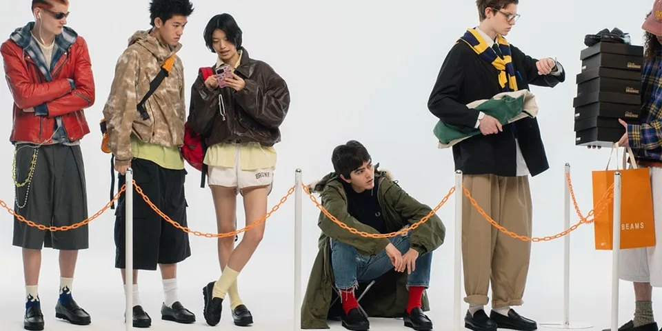File d'attente de jeunes avec vêtements mode et accessoires.