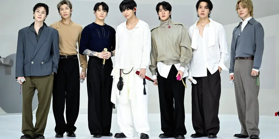 Sept hommes debout en vêtements de mode élégants sur fond blanc.