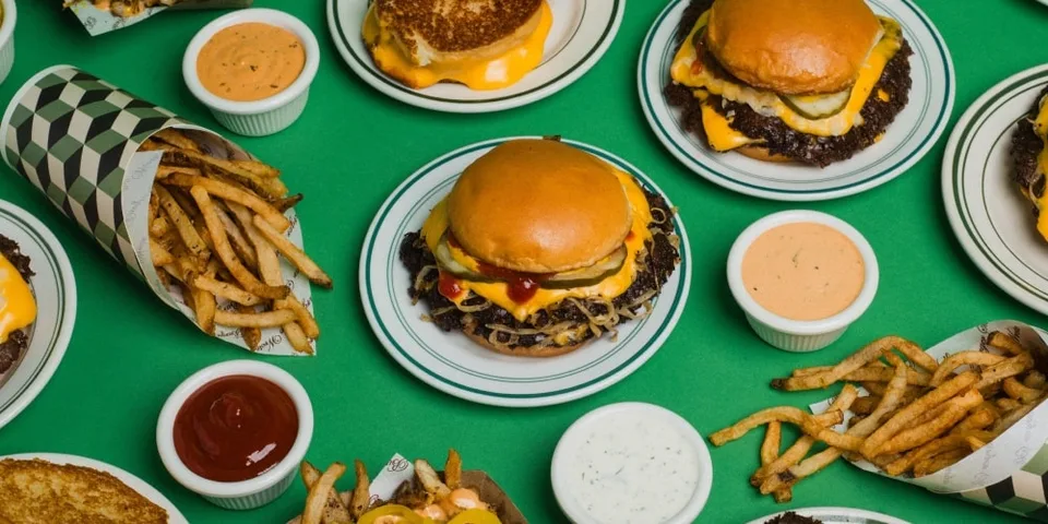 Assortiment de hamburgers, frites et sauces sur une table verte.