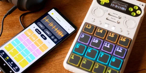 Tablette avec app musicale et appareil électronique avec boutons lumineux sur table