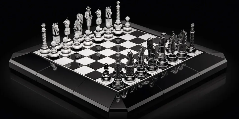 Échiquier noir et blanc avec pièces de luxe.