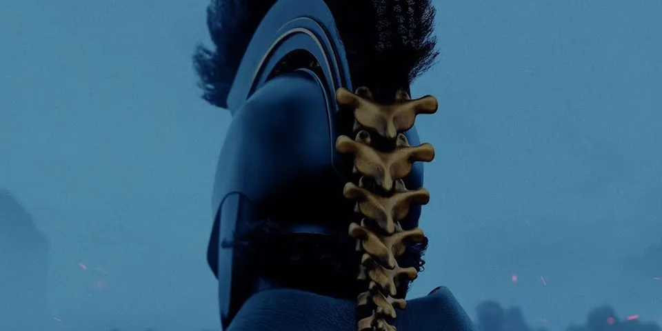 Casque de gladiateur avec colonne vertébrale en arrière-plan bleu.